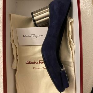 Salvatore Ferragamo navy suede pumps with distinct silver heels